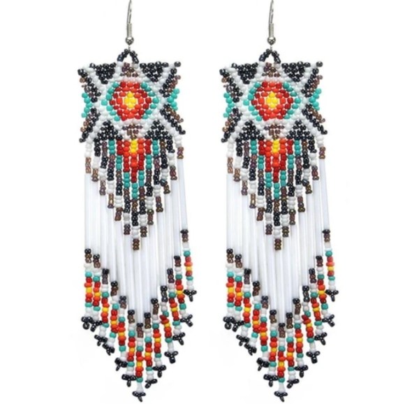 Long 6" White Turquoise Southwestern Handmade Beaded Tribal Earrings New Boho - Picture 5 of 6